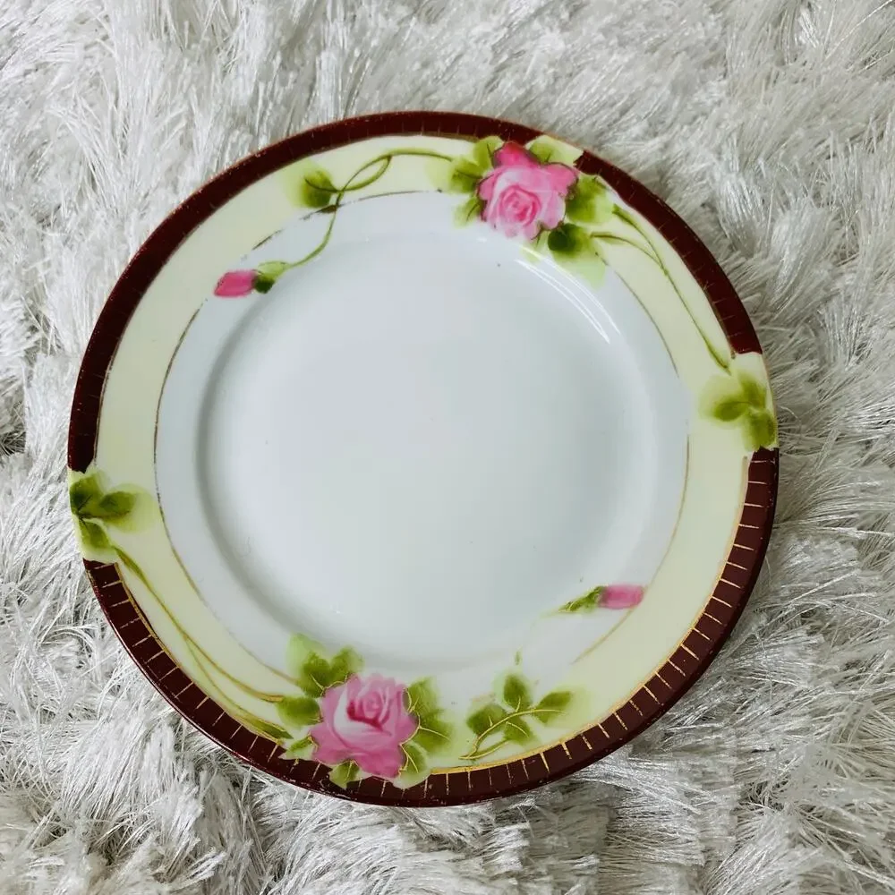 Nippon Hand Painted Rose Plate Pink Roses Green Leaves 5 3/8
